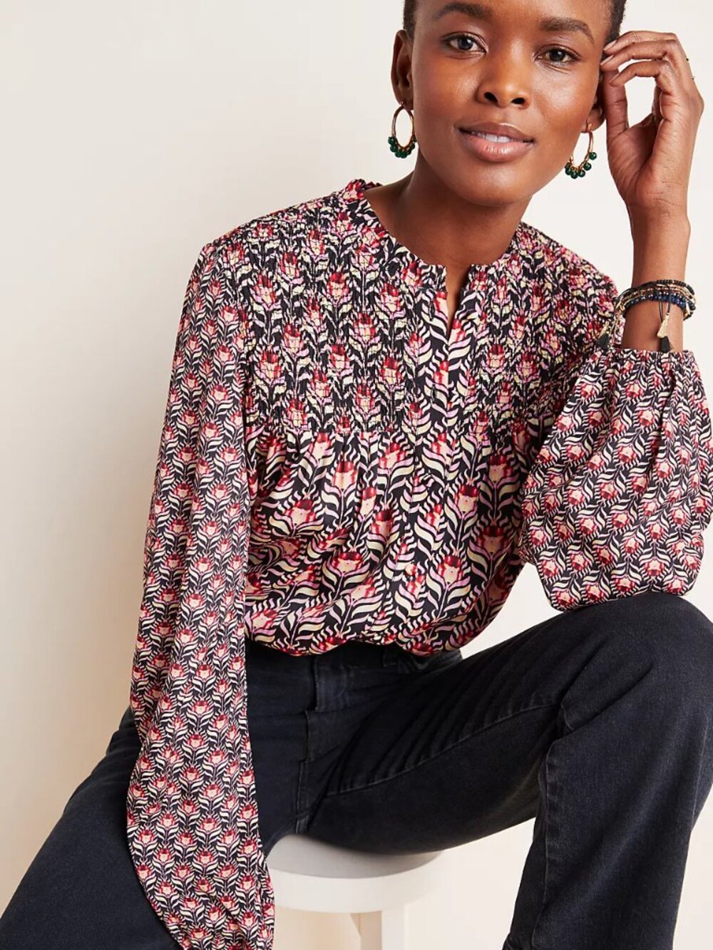 Anthropologie Denovo Jennifer Smocked Blouse Multicolor S